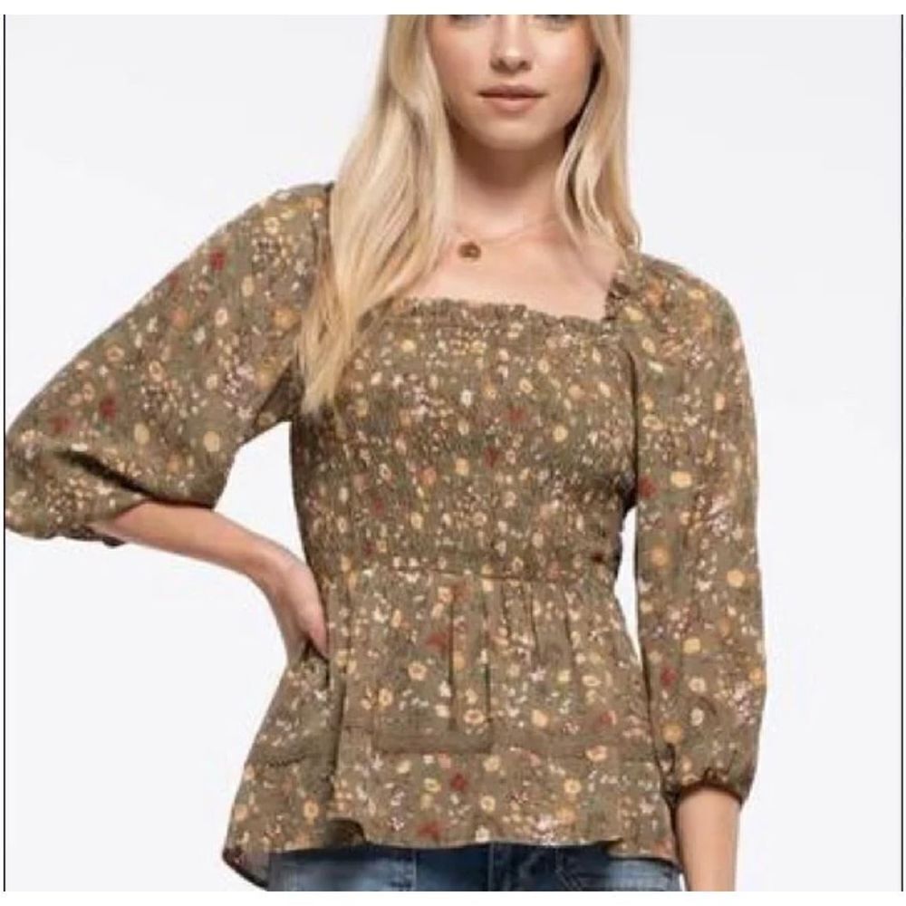 MINE green floral smocked shirt S
